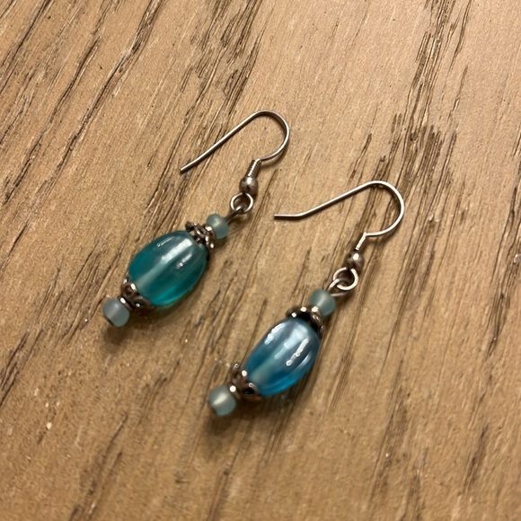 Coastal Cowgirl Bohemian Turquoise Glass Bead and Silver Handmade Earrings - Picture 7 of 7